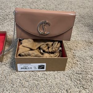 Christian Louboutin Loubi54 patent nude and silver crossbody bag new in box.